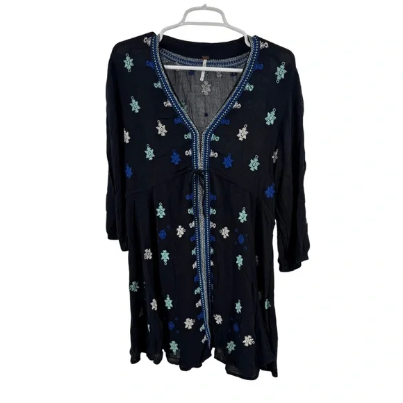 Free People Stargazer Black and Blue Mini Dress embroidered lightweight boho M - Picture 2 of 13